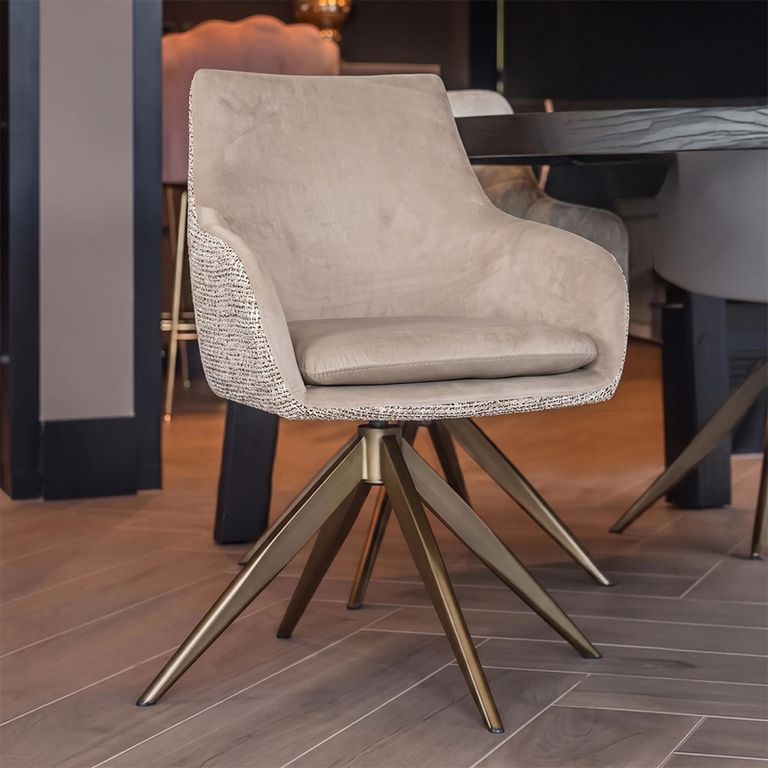Lisonne Natural Khaki Velvet Fabric Swivel Dining Chair with Brushed Gold Legs