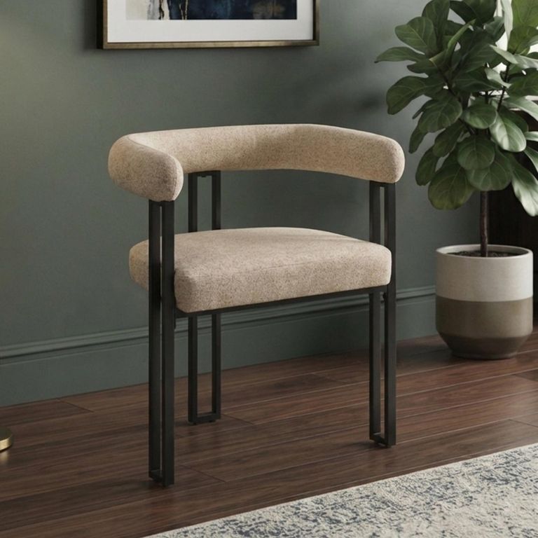 Bloom Dining Armchair - Set of 2 - Curved Back - Oatmeal Soft Weave and Black - Fabric and Metal