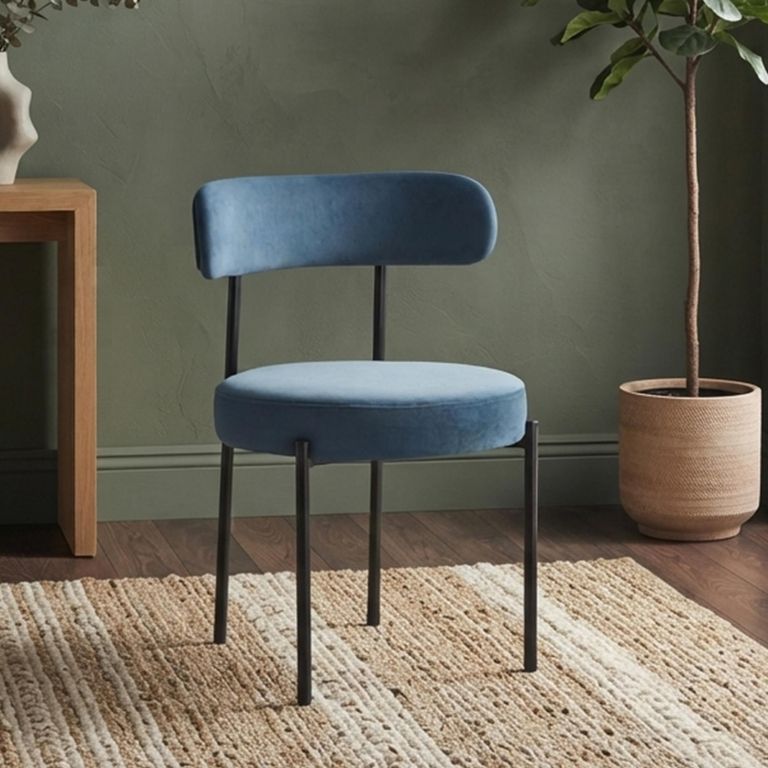 Flora Dining Chair - Set of 2 - Curved Back - Blue Velvet and Black - Fabric and Metal