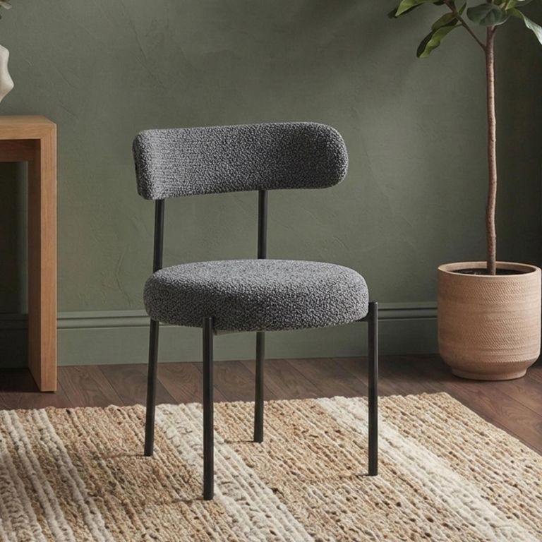 Flora Dining Chair - Set of 2 - Curved Back - Charcoal Boucle and Black - Fabric and Metal