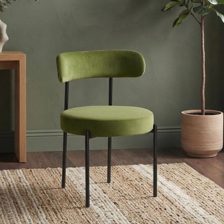 Flora Dining Chair - Set of 2 - Curved Back - Olive Green Velvet and Black - Fabric and Metal