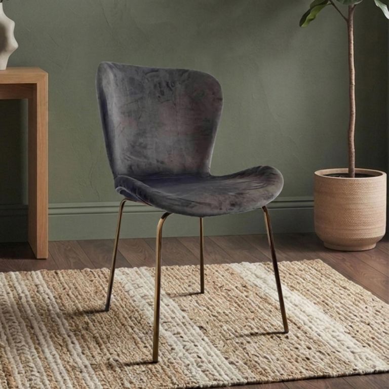 Jasmine Dining Chair - Set of 2 - Curved Back - Dark Grey and Brass - Fabric and Metal