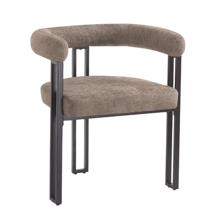 Bloom Dining Armchair - Set of 2 - Curved Back - Taupe Soft Weave and Black - Fabric and Metal
