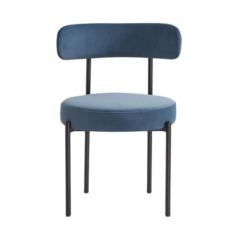 Flora Dining Chair - Set of 2 - Curved Back - Blue Velvet and Black - Fabric and Metal