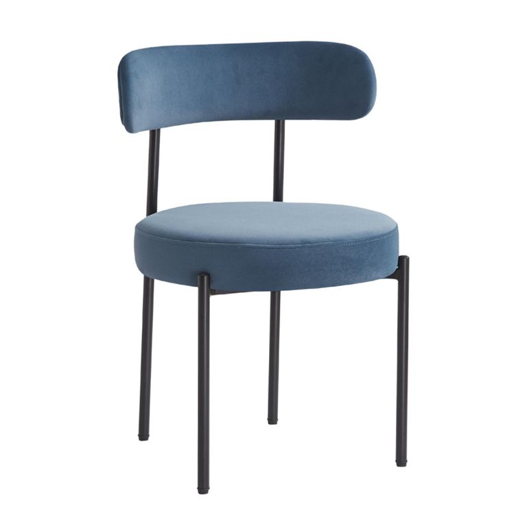 Flora Dining Chair - Set of 2 - Curved Back - Blue Velvet and Black - Fabric and Metal