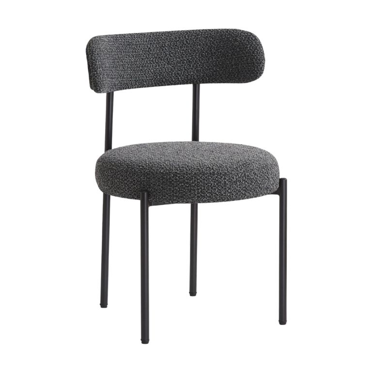 Flora Dining Chair - Set of 2 - Curved Back - Charcoal Boucle and Black - Fabric and Metal