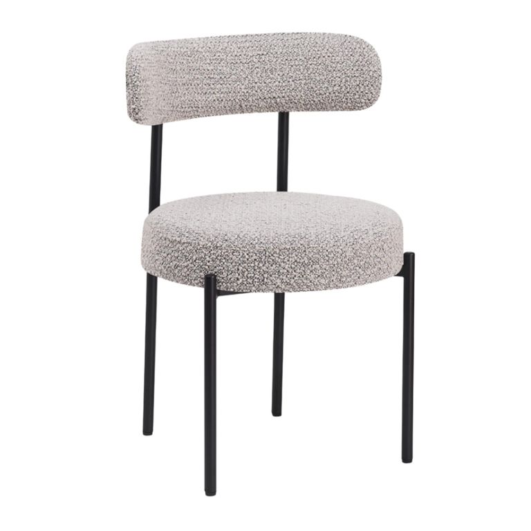 Flora Dining Chair - Set of 2 - Curved Back - Mink Boucle and Black - Fabric and Metal