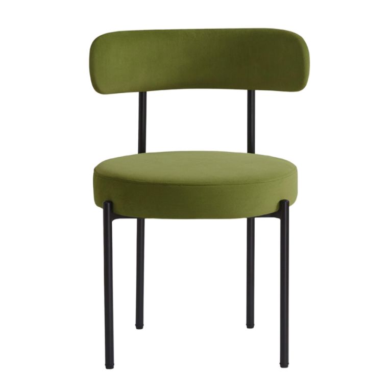 Flora Dining Chair - Set of 2 - Curved Back - Olive Green Velvet and Black - Fabric and Metal