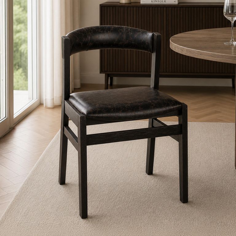 Finley Dining Chair - Set of 2 - Curved Back - Black - Leather and Wood