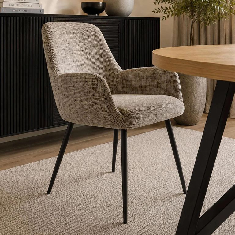 Barley Dining Armchair - Set of 2 - Cream Chenille and Black - Fabric and Metal