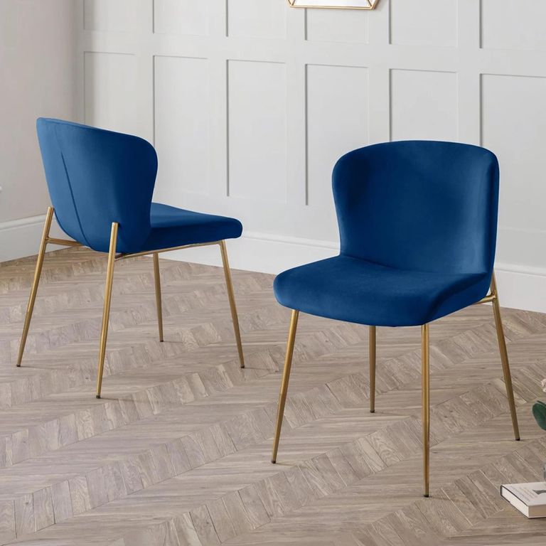 Harper Dining Chair - Set of 2 - Curved Back - Blue and Gold - Fabric and Metal