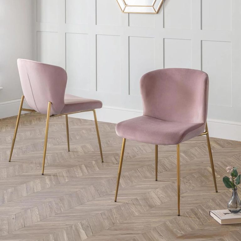 Harper Dining Chair - Set of 2 - Curved Back - Dusky Pink and Gold - Fabric and Metal