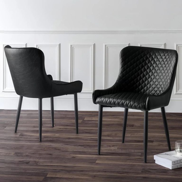 Luxe Dining Chair - Set of 2 - Curved Back - Black - Faux Leather and Metal