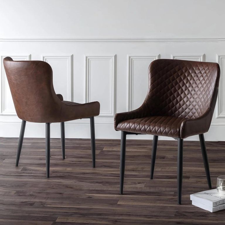 Luxe Dining Chair - Set of 2 - Curved Back - Brown and Black - Faux Leather and Metal