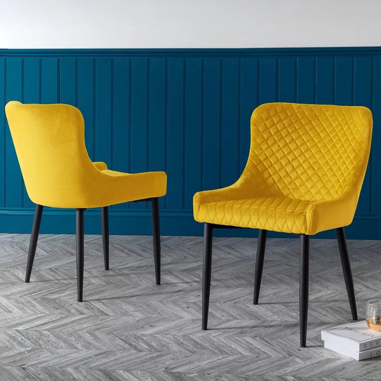 Luxe Dining Chair - Set of 2 - Curved Back - Mustard Velvet and Black - Fabric and Metal