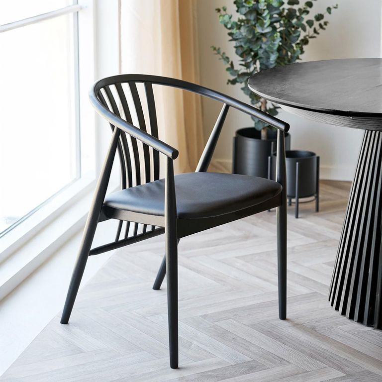 Agustin Dining Armchair - Set of 2 - Curved Back - Black - Faux Leather and Oak