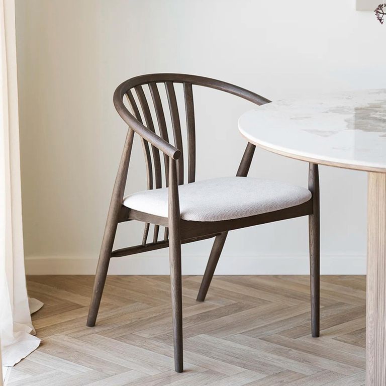 Agustin Dining Armchair - Set of 2 - Curved Back - Smoked and Sand - Fabric and Oak