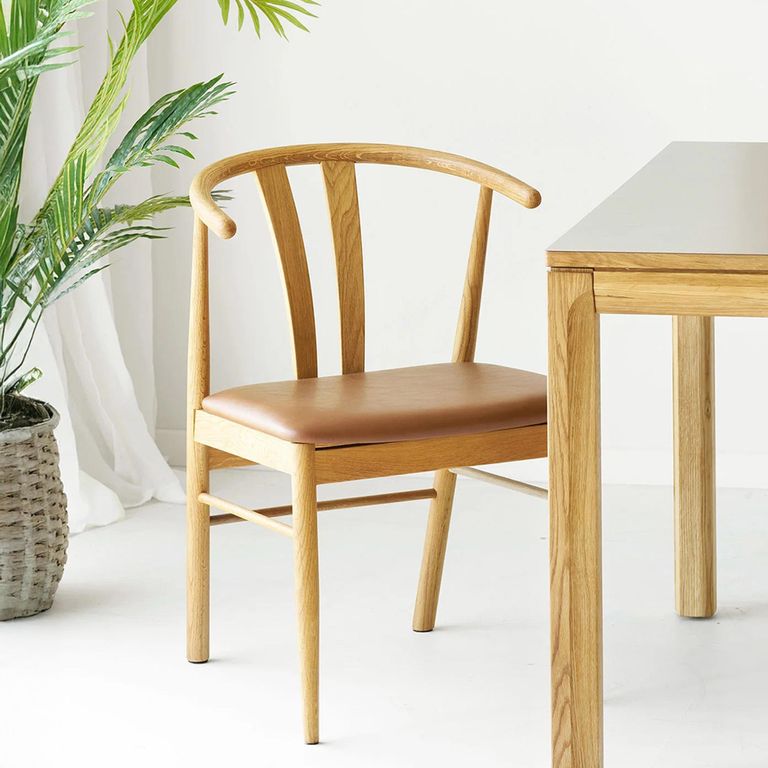Artenara Dining Chair - Set of 2 - Curved Back - Natural and Brown - Faux Leather and Oak