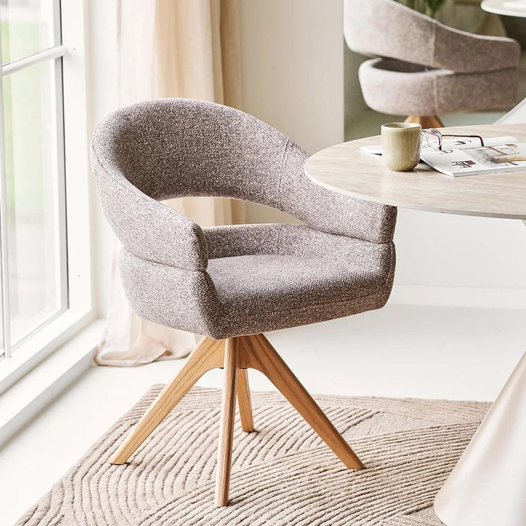 Dover Swivel Dining Armchair - Set of 2 - Curved Back - Brown and Natural - Fabric and Oak