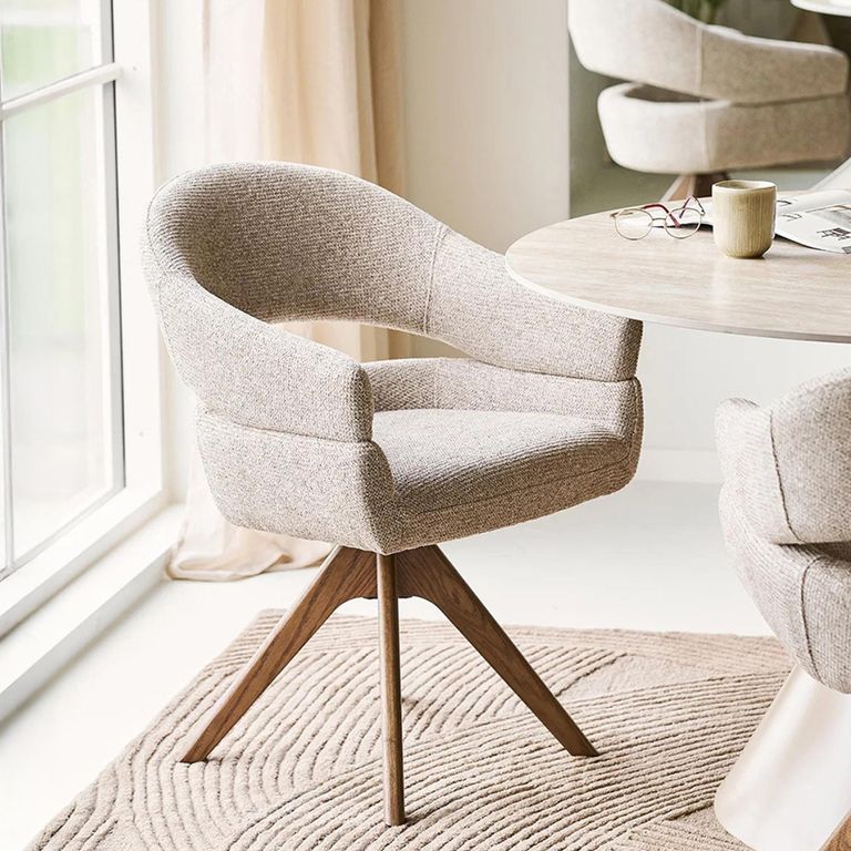 Dover Swivel Dining Armchair - Set of 2 - Curved Back - Sand and Brown - Fabric and Oak