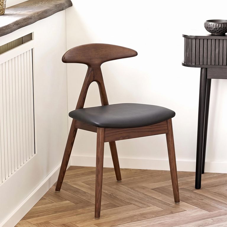 Lanuza Dining Chair - Set of 2 - Curved Back - Dark Brown and Black - Faux Leather and Oak