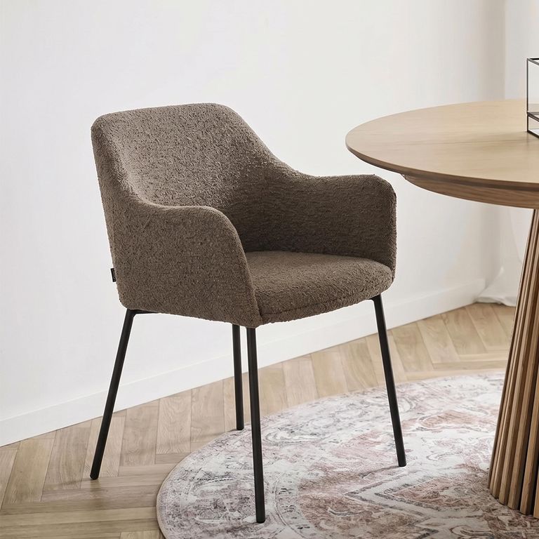 Melilla Dining Armchair - Set of 2 - Brown Boucle and Black - Fabric and Metal
