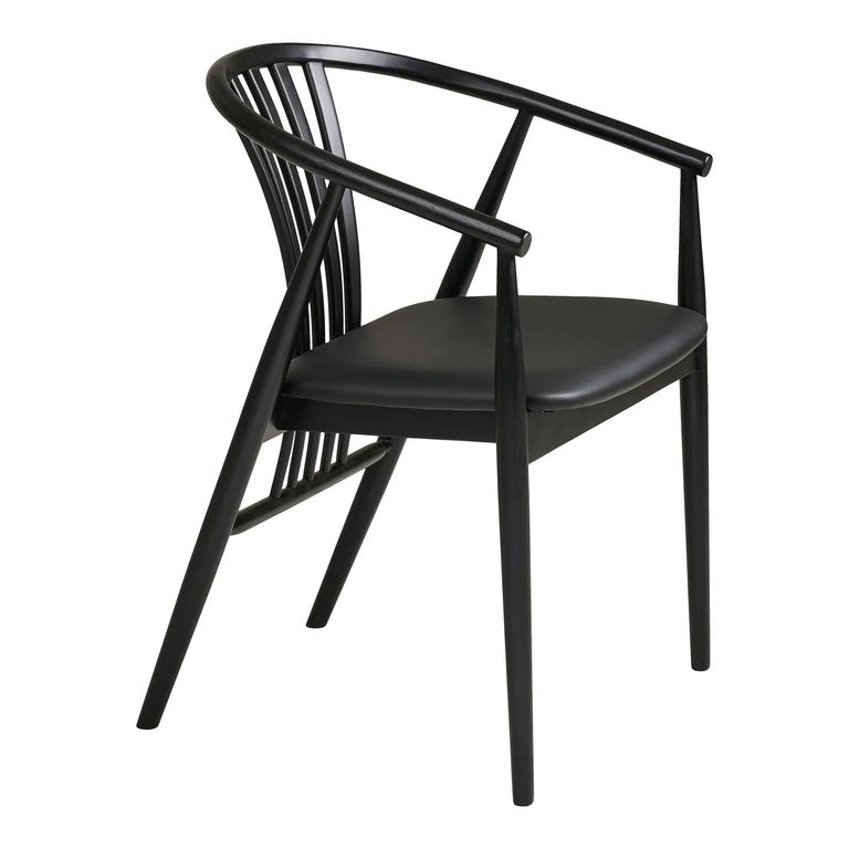 Agustin Dining Armchair - Set of 2 - Curved Back - Black - Faux Leather and Oak