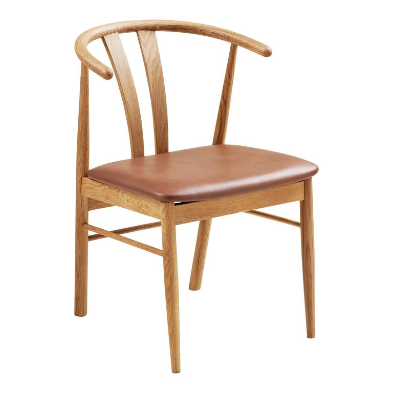 Artenara Dining Chair - Set of 2 - Curved Back - Natural and Brown - Faux Leather and Oak