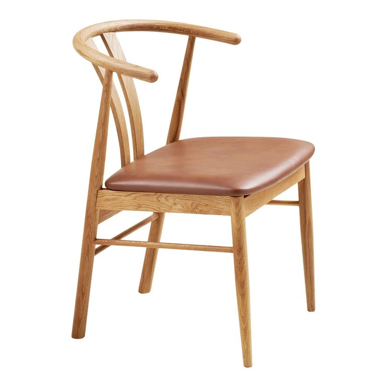 Artenara Dining Chair - Set of 2 - Curved Back - Natural and Brown - Faux Leather and Oak