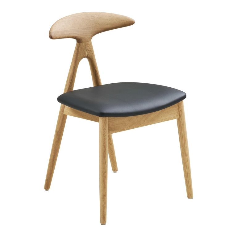 Lanuza Dining Chair - Set of 2 - Curved Back - Natural and Black - Faux Leather and Oak