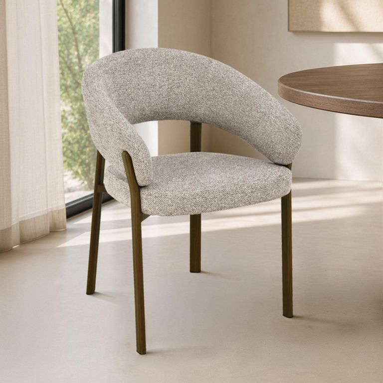 Zhora Dining Armchair - Set of 2 - Curved Back - Beige and Walnut - Fabric and Metal