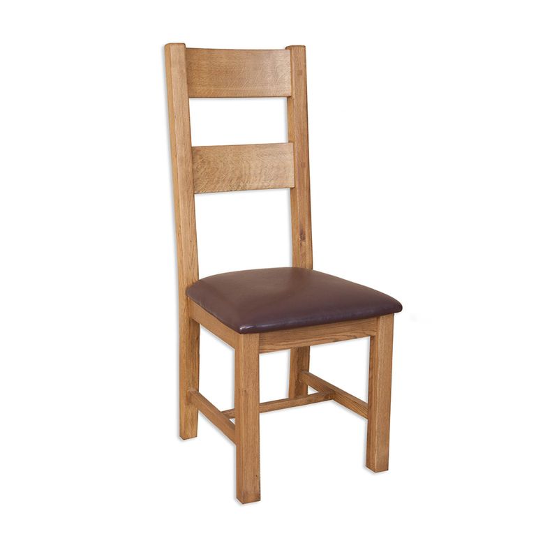 Melbourne Country Dining Chair - Set of 2 - Ladder Back - Rustic and Brown - Oak and Faux Leather