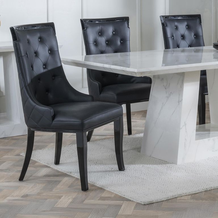 Carmela Dining Chair - Large High Back - Black Leather - Black Legs