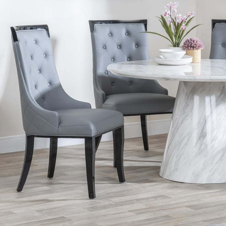 Carmela Dining Chair - Large High Back - Grey Leather - Black Legs