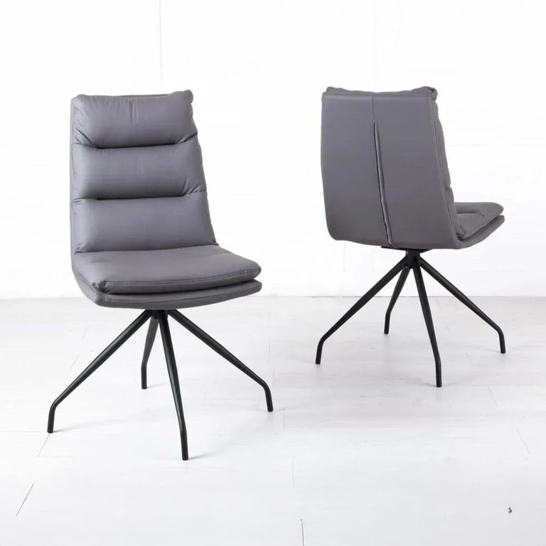 Diego Dining Chair - Swivel - Grey Leather - Black Legs
