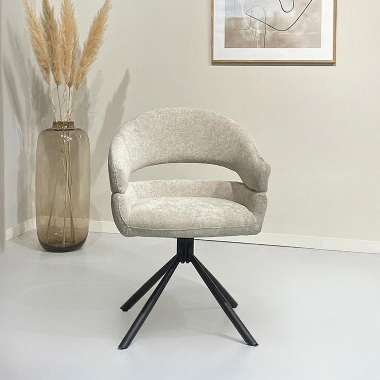 Linn Swivel Dining Armchair - Set of 2 - Curved Back - Black Legs - Toffee - Fabric and Metal