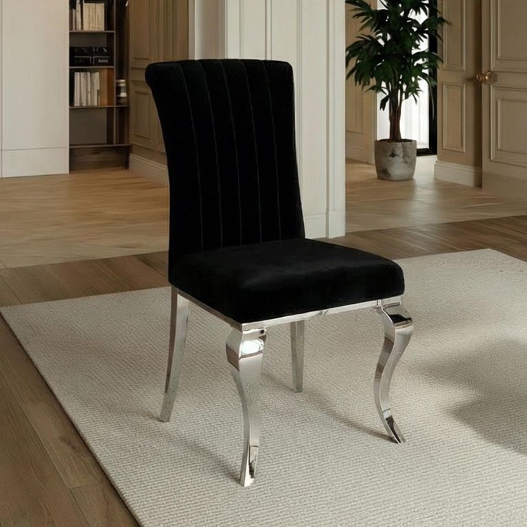 Louis Dining Chair - Black Velvet Fabric - Chrome Legs