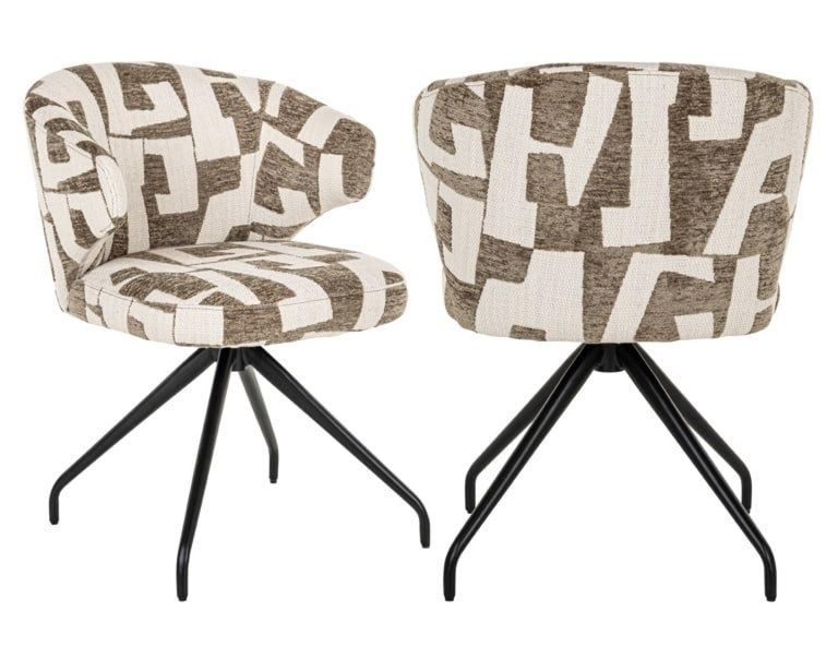 Milly Moss Fabric Graffic Swivel Dining Chair with Black Legs