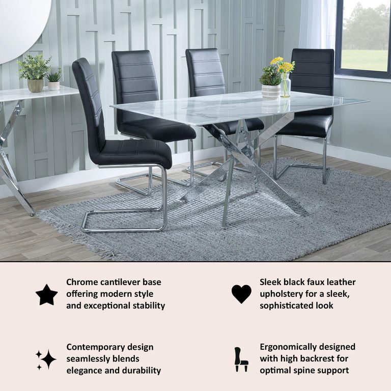 Roma Dining Chair - Black Faux Leather - Chrome Cantilever Base