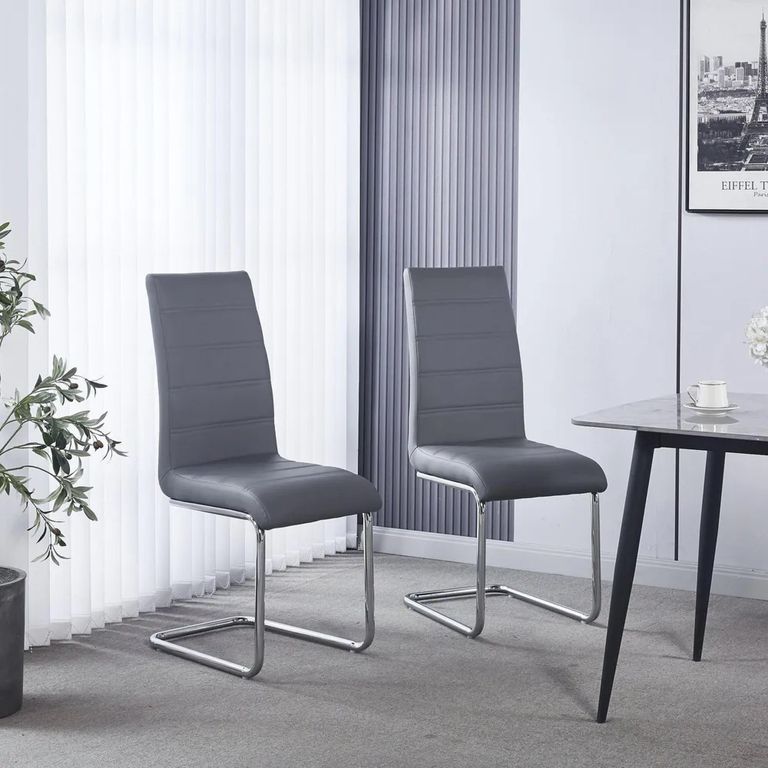 Roma Dining Chair - Grey Faux Leather - Chrome Cantilever Base