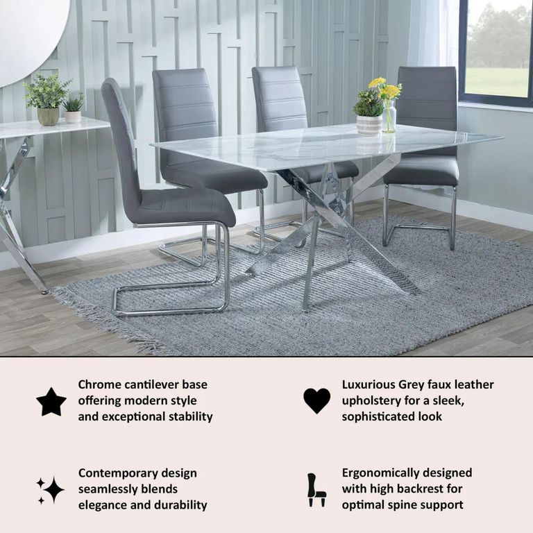 Roma Dining Chair - Grey Faux Leather - Chrome Cantilever Base