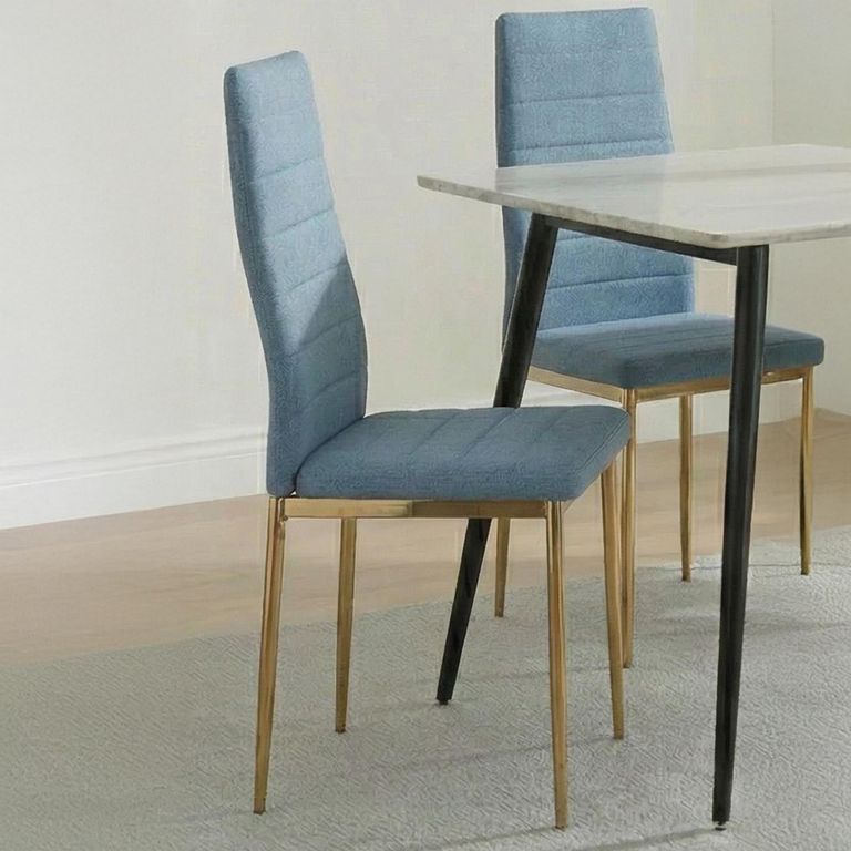 Breton Compact Dining Set - 4 Seater - 120cm - White Ceramic - 4x Lido Dining Chairs - Blue Fabric - Gold Legs