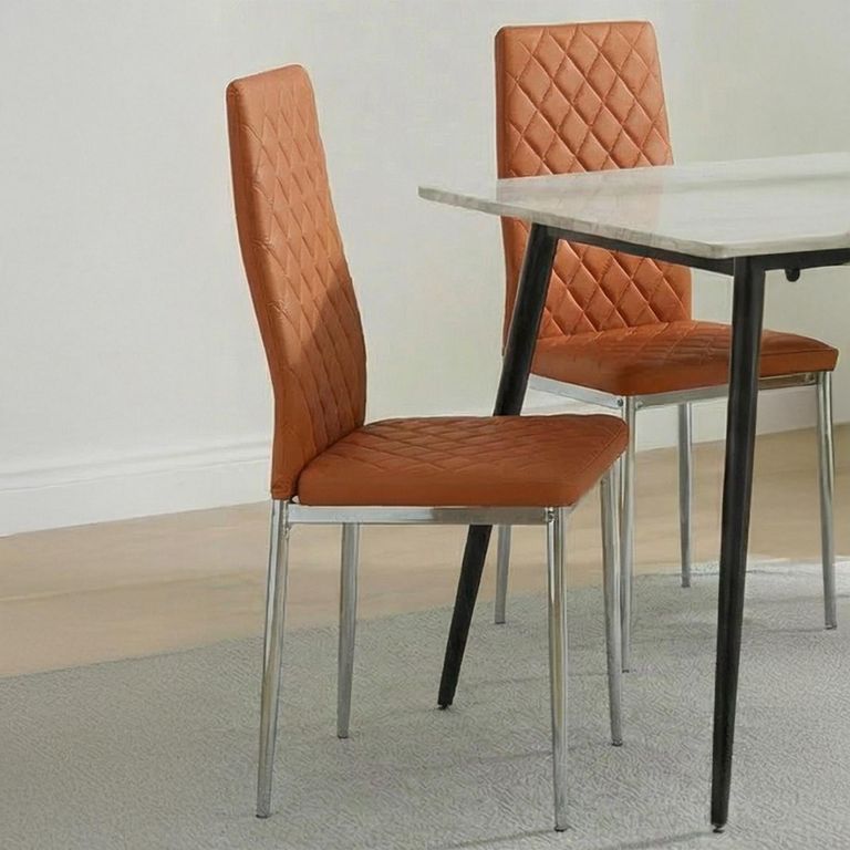 Breton Compact Dining Set - 4 Seater - 120cm - White Ceramic - 4x Metro Dining Chairs - Burnt Orange Leather - Chrome Legs