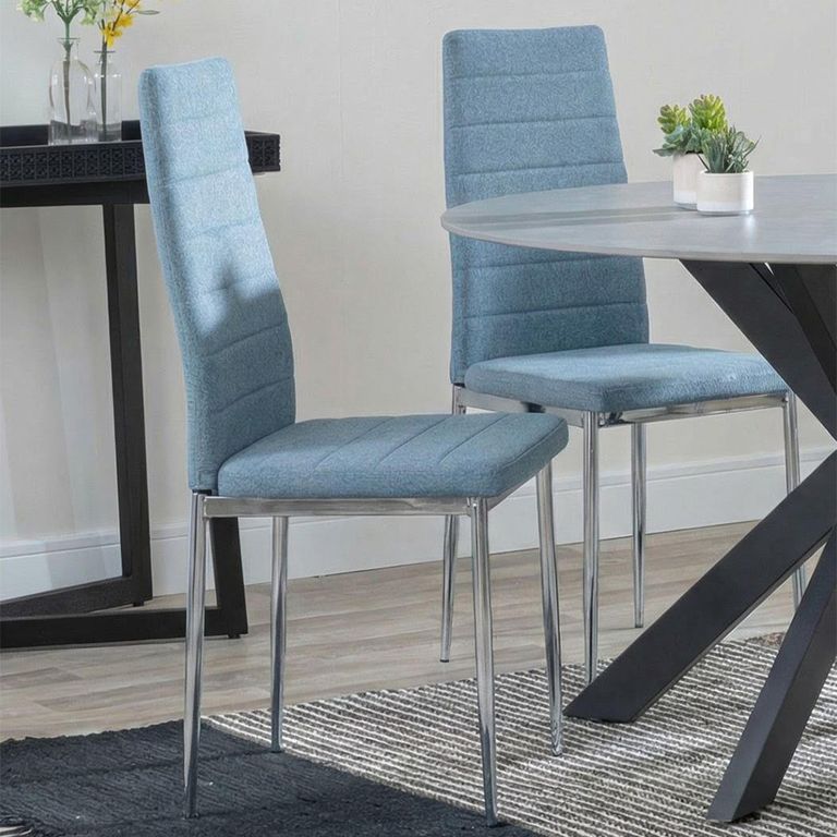 Novara Dining Set - 4 Seater - 130cm - Round - White Ceramic - 4x Lido Dining Chairs - Blue Fabric - Chrome Legs