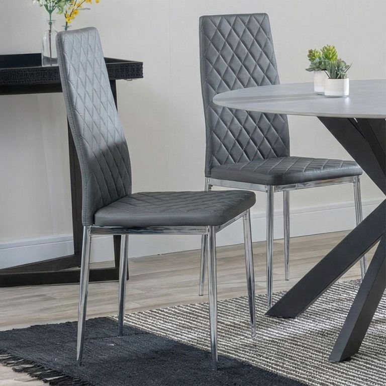Novara Dining Set - 4 Seater - 130cm - Round - White Ceramic - 4x Metro Dining Chairs - Grey Leather - Chrome Legs