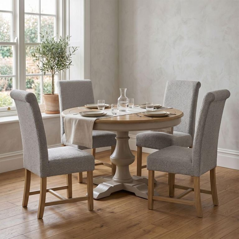 Chateau Dining Set - 120cm - 4 Seater - Round - Pedestal Base - Grey Painted - Pine - 4 Fabric Chairs