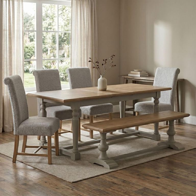 Chateau Extending Dining Set - 200cm-250cm - 8-10 Seater - Grey Painted - Pine - 4 Fabric Chairs - 1 Bench