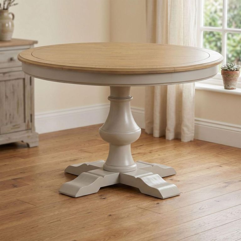 Chateau Dining Set - 120cm - 4 Seater - Round - Pedestal Base - Grey Painted - Pine - 4 Fabric Chairs