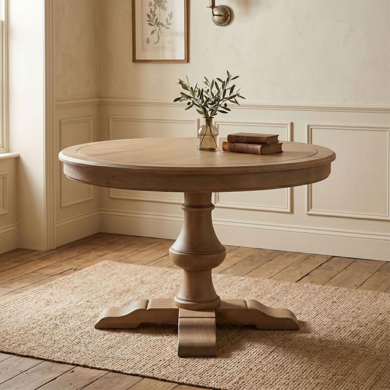 Chateau Dining Set - 120cm - 4 Seater - Round - Pedestal Base - Natural - Rustic Pine - 4 Fabric Chairs