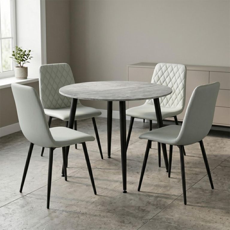 Argenta Dining Set - 90cm - 4 Seater - Round - Light Grey and Black - Sintered Stone Top - 4 Chair